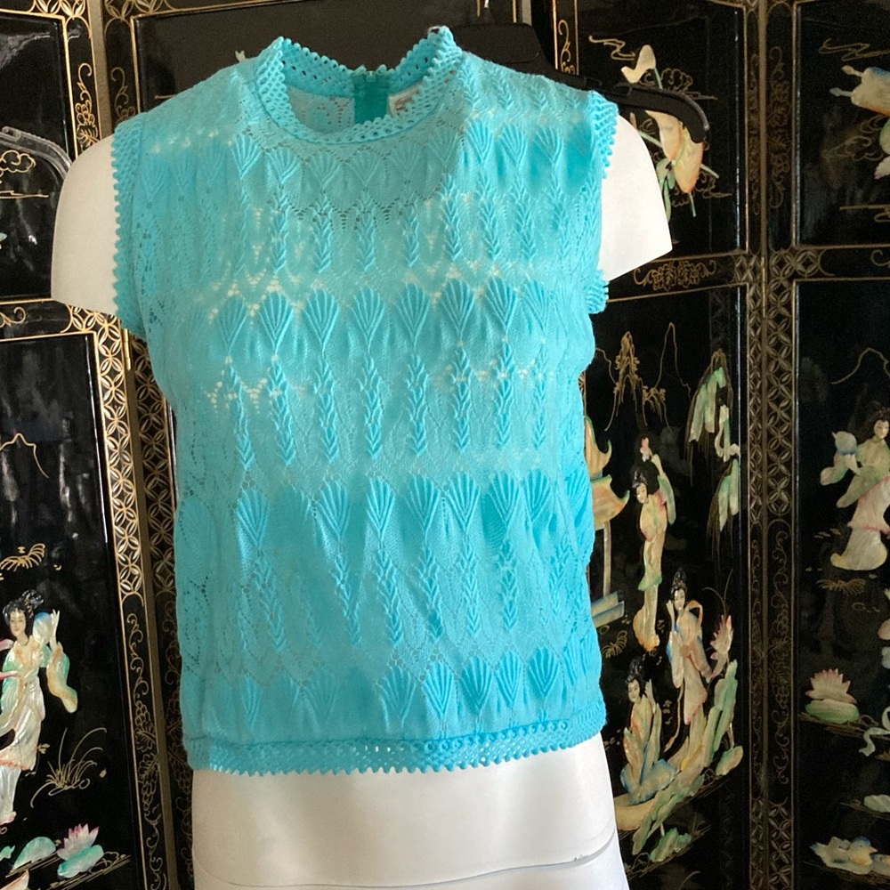 Vintage 1960 joyce lane blue lace mod shirt. M top Lace lined ska pin up mock
